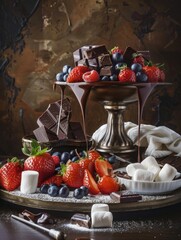 A decadent display of fresh berries atop a chocolate fountain, with chunks of chocolate and marshmallows scattered around.