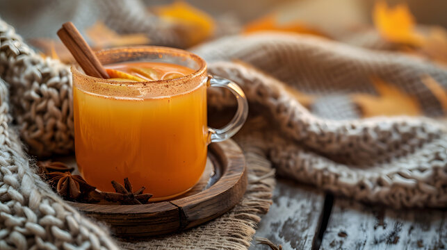 A flask of hot apple cider, spiced with cinnamon and cloves, served with a cinnamon stick stirrer. Set on a rustic wooden tray, with a background of autumn leaves and cozy knit blankets.