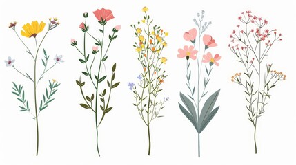 Field blooms, spring floral plants, blossomed branches, abstract botanical elements. Soft wildflower decoration. Flat modern illustration isolated on white.