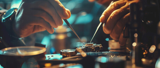 A close-up of a watch repair technician meticulously working on a pocket watch. The technician wears a white glove and uses a small screwdriver to manipulate a tiny screw on the watch mechanism.