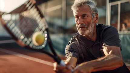 senior playing tennis