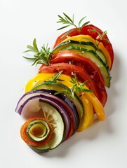 Freshly sliced colorful vegetables arranged in a row, garnished with herbs on a white background.