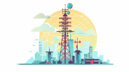 Towering transmission tower for radio signals and connections. Telecom structure, antennas, dishes. Modern flat illustration.