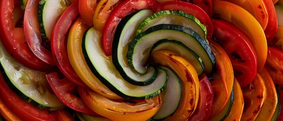 A vibrant swirl of colorful vegetables including red peppers, broccoli florets, cherry tomatoes, and green beans winds its way outwards from a central point. - obrazy, fototapety, plakaty