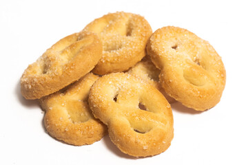 Group of danish butter cookies the pretzel cookie isolated on white background clipping path