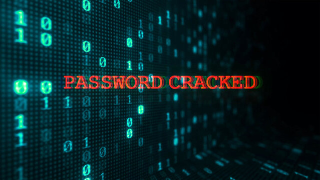 Green/blue digital binary code moving with warning system password cracked alert. Motion Graphic.