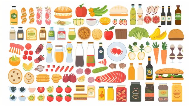 Icons set of grocery store, nutrition, and alcohol products. Groceries, fruits, vegetables, meat, fish, and seafood, bakery, and bread. Isolated on a white background.