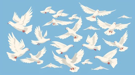 The concept of peace and freedom is expressed in a flock of birds soaring and gliding in the air. White doves fly. Pigeons fly. Blue birds soaring and gliding in the air. Flat modern illustrations of