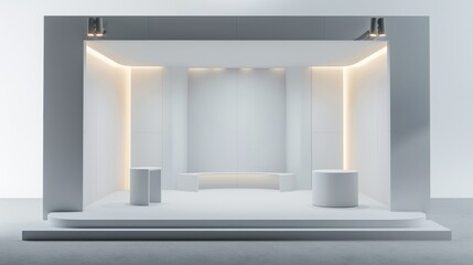 An isolated set of a white photoshop mockup of a promotional event booth with white walls and a floor design perspective. A blank corner display showroom with a podium for offering kiosks or fair