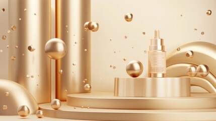 An abstract geometric hemisphere stage presents cosmetic bottles on podium banners, a product advertisement on a showroom platform with golden pearls, and a realistic 3D illustration of a cosmetic