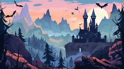 Animated modern cartoon fantasy illustration with a black castle and flying dragon in a canyon surrounded by mountains and forests. - obrazy, fototapety, plakaty