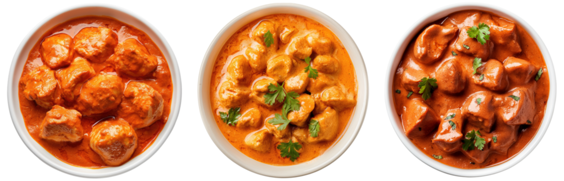Set of tasty butter chicken curry or Murg Makhanwala or Tikka masala dish from Indian cuisine with garnish, closeup, isolated top view on transparent background, cutout 