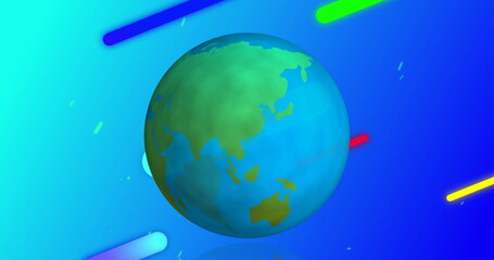 Fototapeta premium Globe turning over colourful shapes moving diagonally across a sky blue background