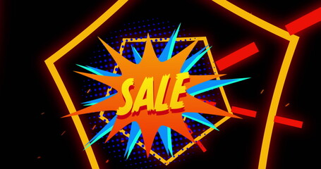 Sale written in yellow on comic book flash with orange hexagons moving on black background