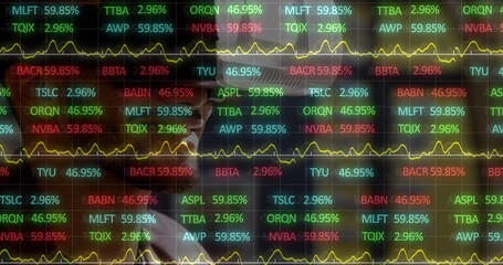 Image of financial data processing over businessman using vr headset