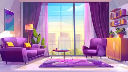 Modern cartoon illustration showing an empty lounge interior with sofa, chair, cabinet, books on table, and panoramic window.