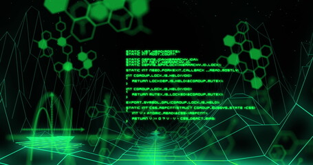 Green text and structures on black background with green grid moving below