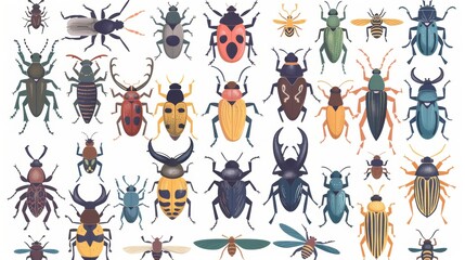 Species of insects. Colorado, longhorn sabertooth and ground beetles. Summer nature winged fauna with spots, stripes, horns, antennae. Isolated on white background.