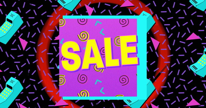 Fototapeta Vintage sale ad with retro phones and colorful graphics.