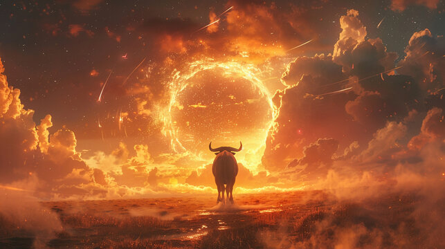 A fiery black bull out of hell high fantasy.