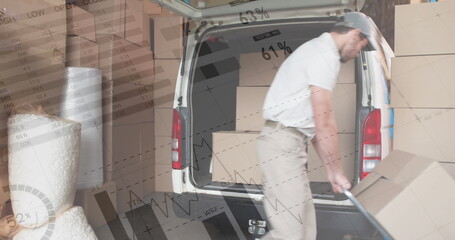 Statistical data processing against caucasian delivery man stacking boxes in his delivery van