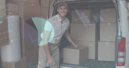 Statistical data processing against caucasian delivery man stacking boxes in his delivery van