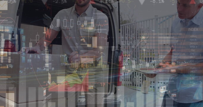 Image of statistics and financial data processing over delivery man and van