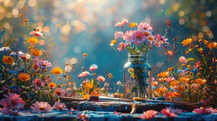 A vase filled with colorful flowers sits on top of a table, creating a vibrant and cheerful ambiance.