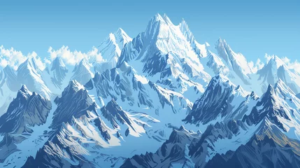 Stickers pour porte Everest A vector illustration of the Himalayan mountains, with snowcapped peaks against a clear blue sky. The scene is set in an aerial view, showcasing vast mountain range with detailed snowcovered slopes an