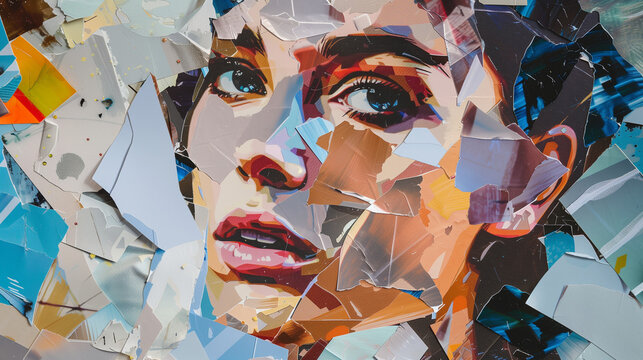 Illustration of a fragmented collage portrait with vibrant geometric shapes.