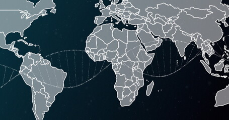Image of dna strand spinning over world map