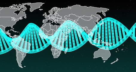 Image of dna strand spinning over world map