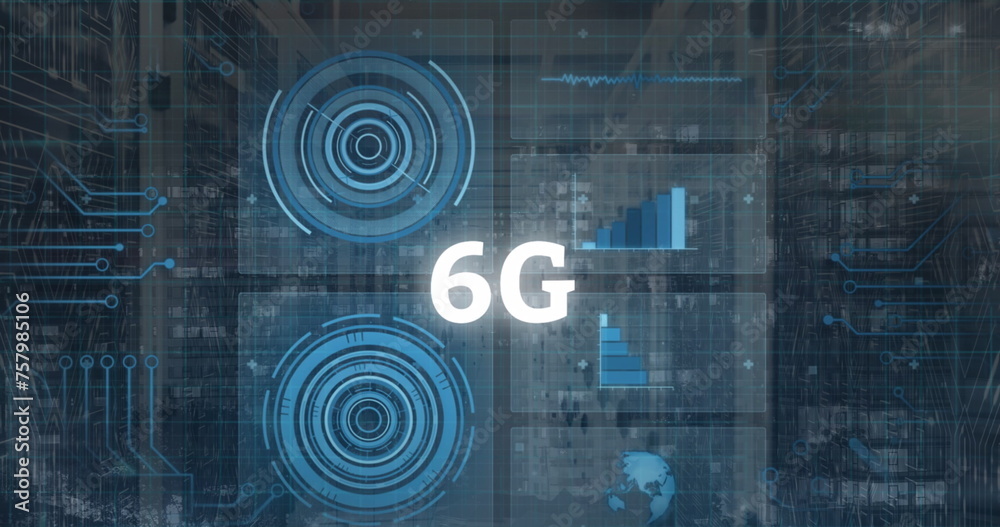 Poster image of 6g text and data processing over cityscape and computer servers