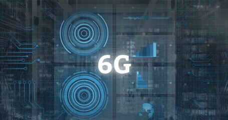 Image of 6g text and data processing over cityscape and computer servers