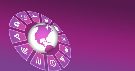 Image of travel icons with globe and copy space on pink background