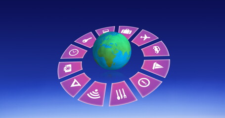 Image of travel icons with globe on sky background