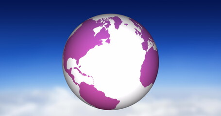 Image of white and purple globe spinning over sky background