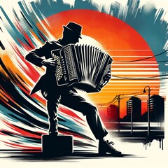 Sunset Serenade: Accordionist's Silhouette in the City - obrazy, fototapety, plakaty