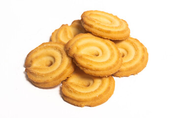 Group of danish butter cookies the vanilla ring cookie isolated on white background clipping path