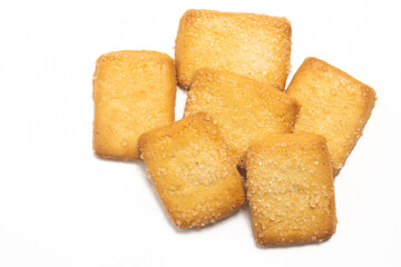 Group of danish butter cookies the finnish bread cookie top view isolated on white background clipping path