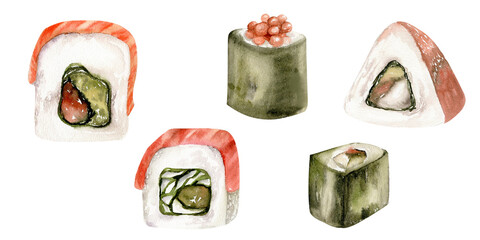 Watercolor seafood set with japanese sushi with salmon, sashimi and rolls set. Hand drawn seafood illustration , fresh food for restaurant, cafe, menu design.