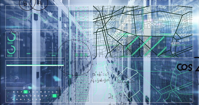 Image of interface with data processing and mathematical equations against server room