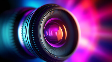 Fototapeta na wymiar Professional camera lens with colorful bokeh lights