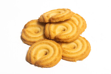 Group of danish butter cookies the vanilla ring cookie isolated on white background clipping path
