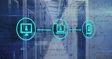 Image of network of digital icons and mathematical equations against computer server room