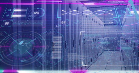 Image of interface with data processing and mathematical equations against server room