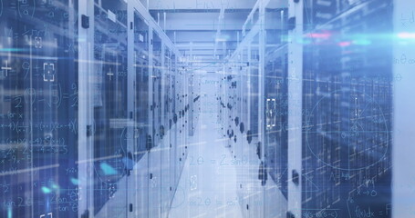 Image of data processing and mathematical equations against computer server room