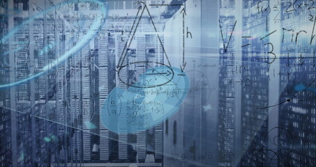 Image of mathematical equations over round scanner and data processing against server room