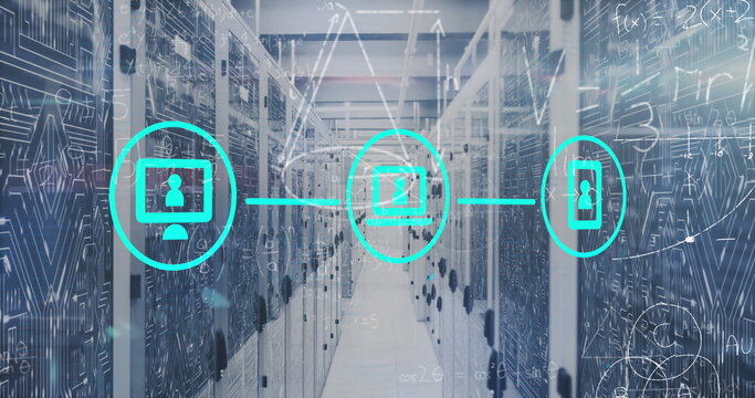 Image of network of digital icons and mathematical equations against computer server room