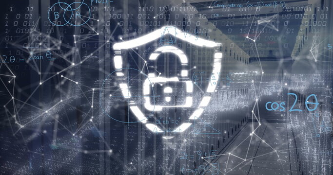 Image of security padlock, network of connections and mathematical equations over server room